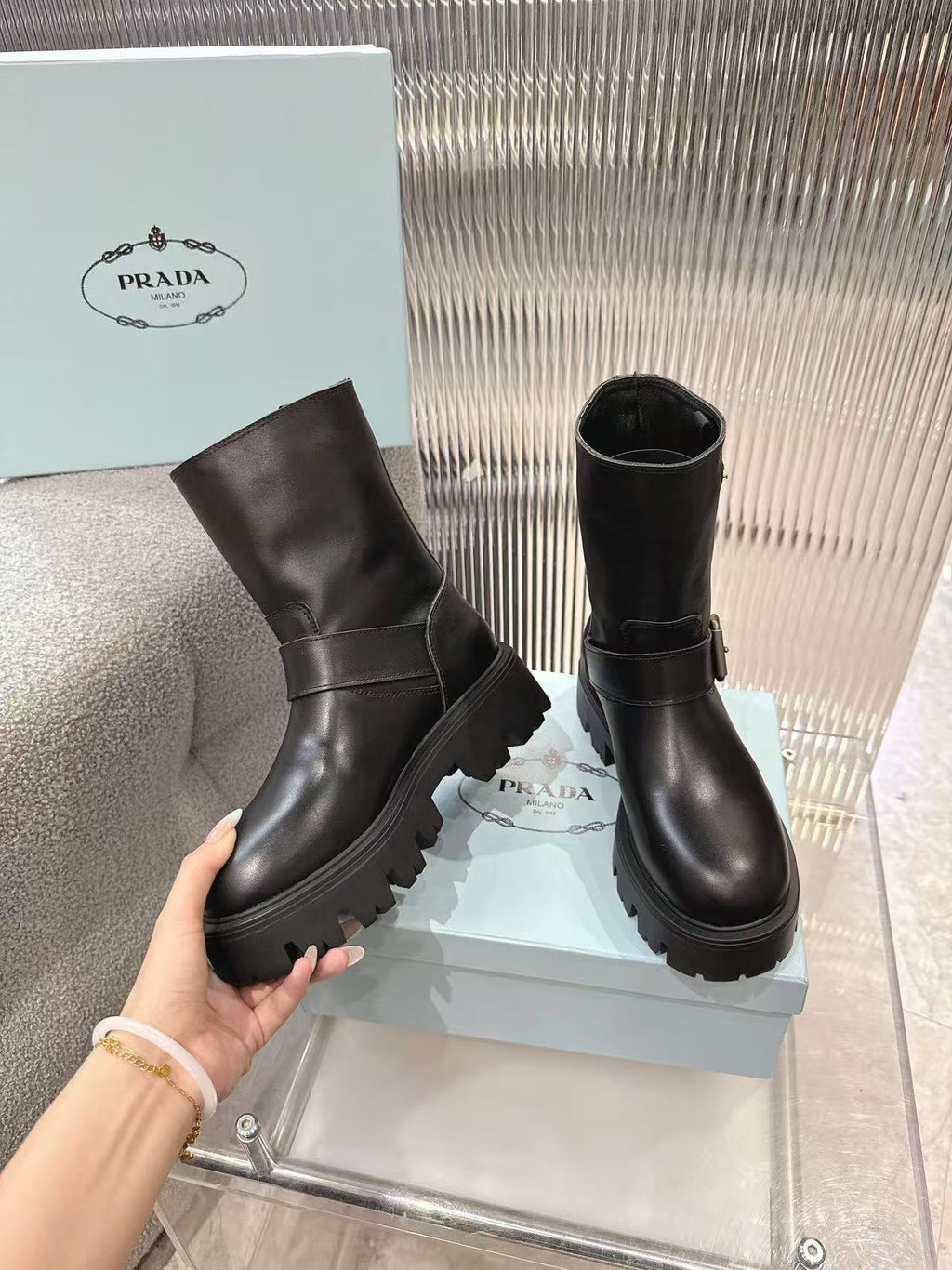 Buckled platform mid-calf boots