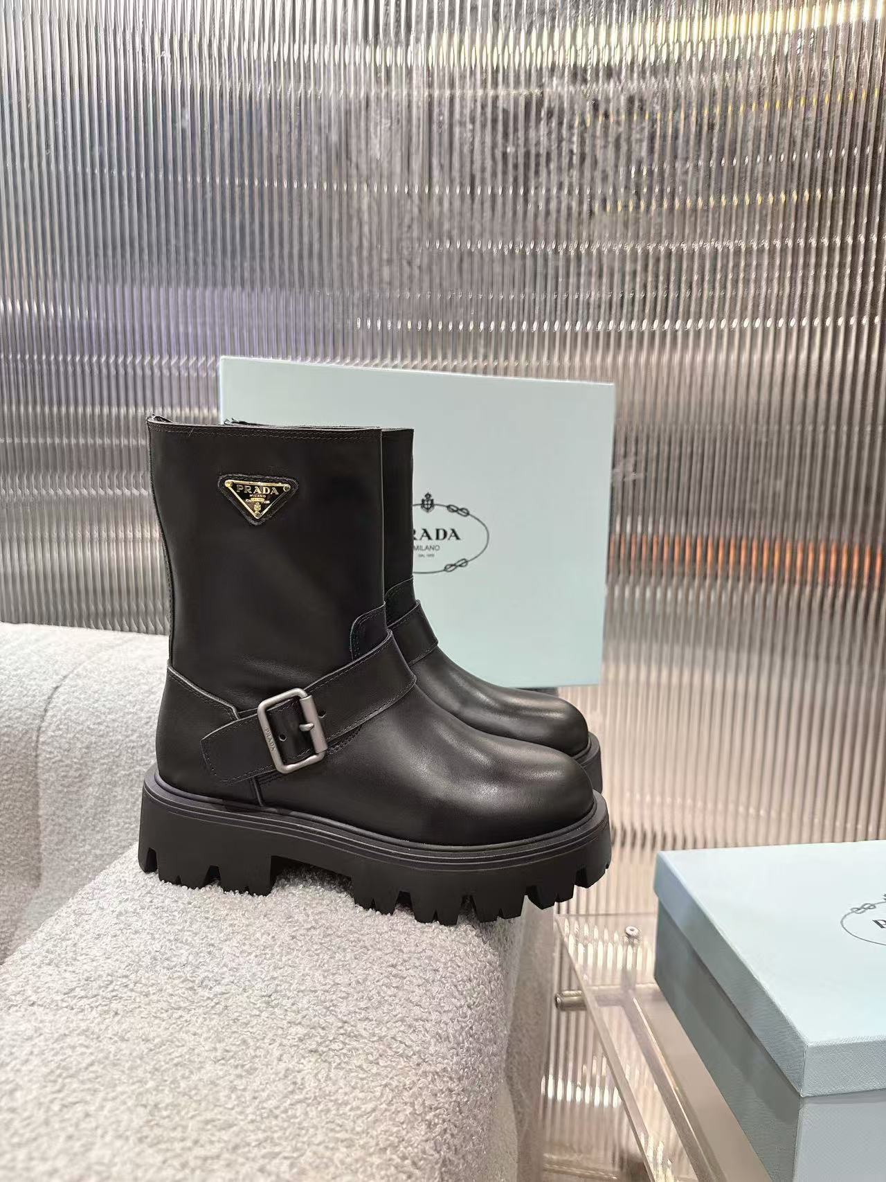 Buckled platform mid-calf boots