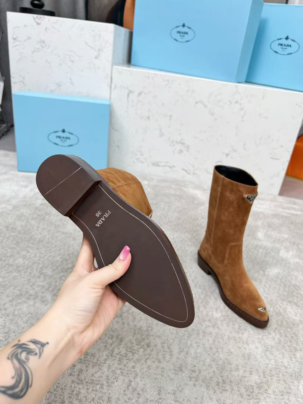 Brown suede mid-calf boots