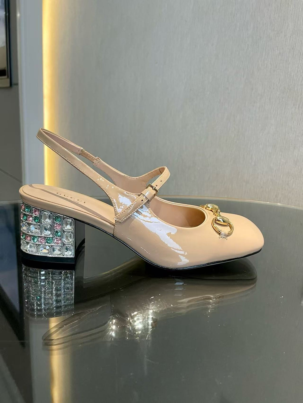 Horsebit rhinestone-embellished patent leather high-heeled Mary Jane sandals