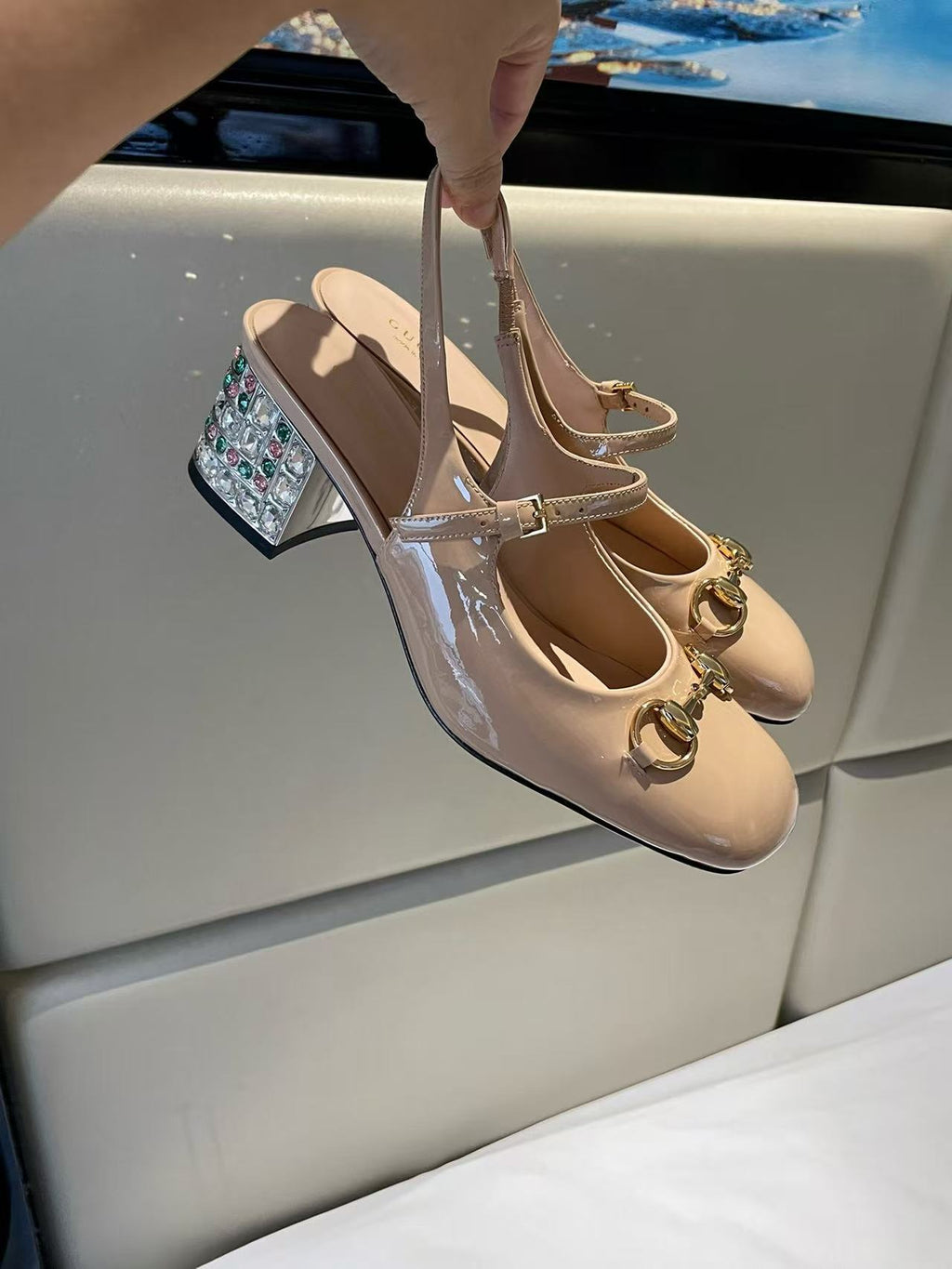 Horsebit rhinestone-embellished patent leather high-heeled Mary Jane sandals