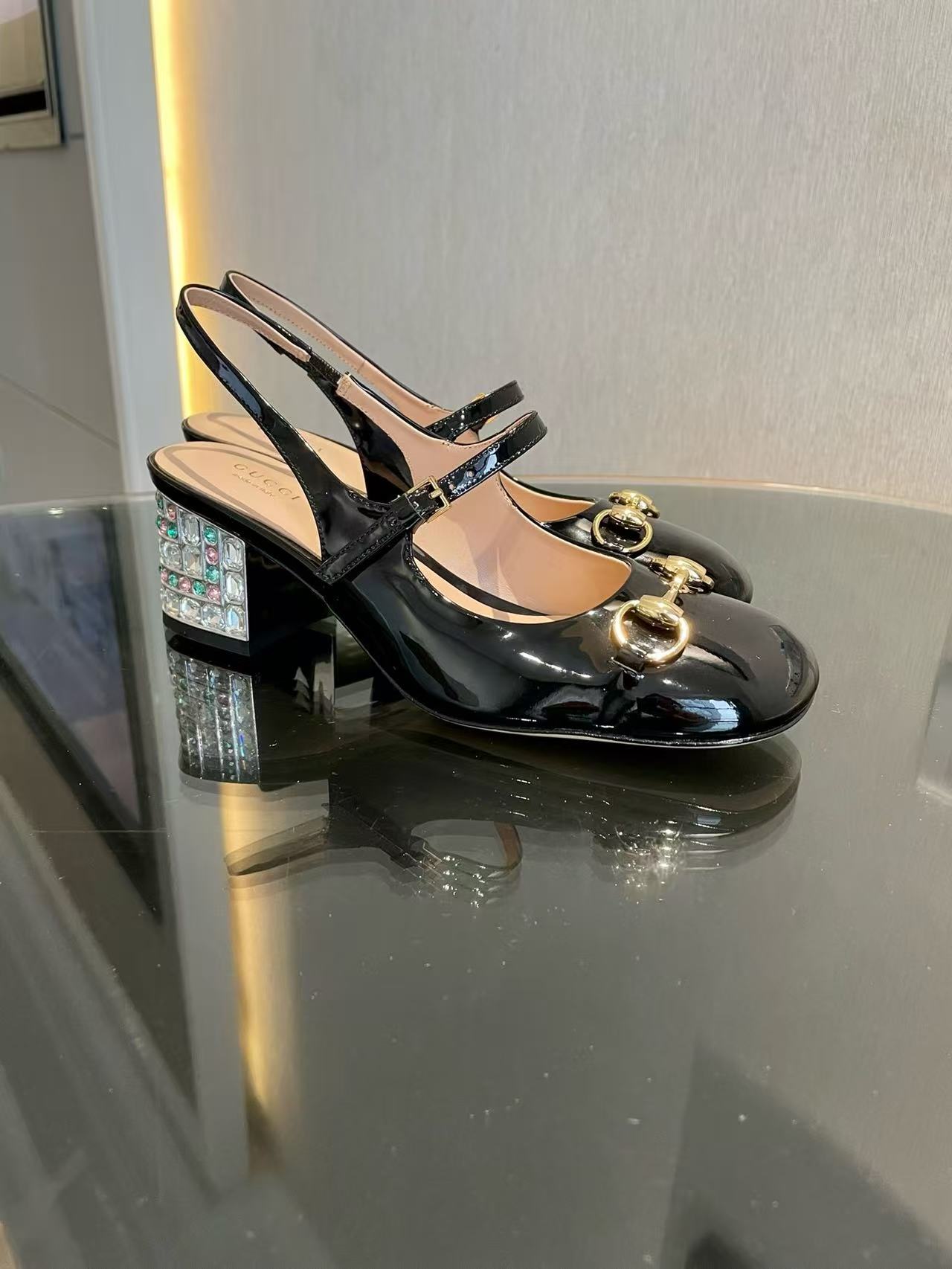 Horsebit rhinestone-embellished patent leather high-heeled Mary Jane sandals