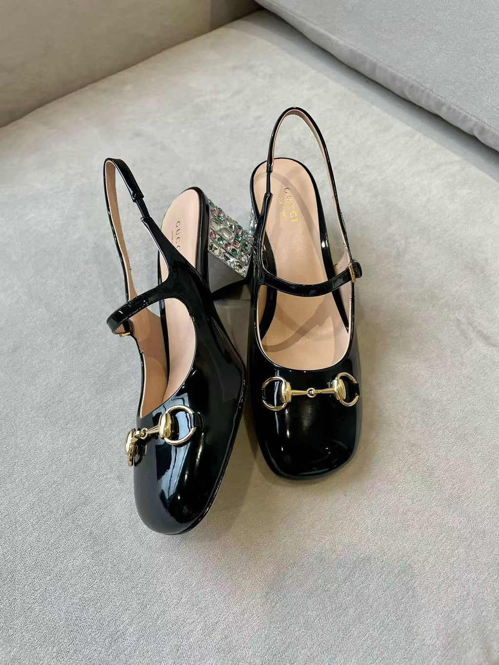 Horsebit rhinestone-embellished patent leather high-heeled Mary Jane sandals