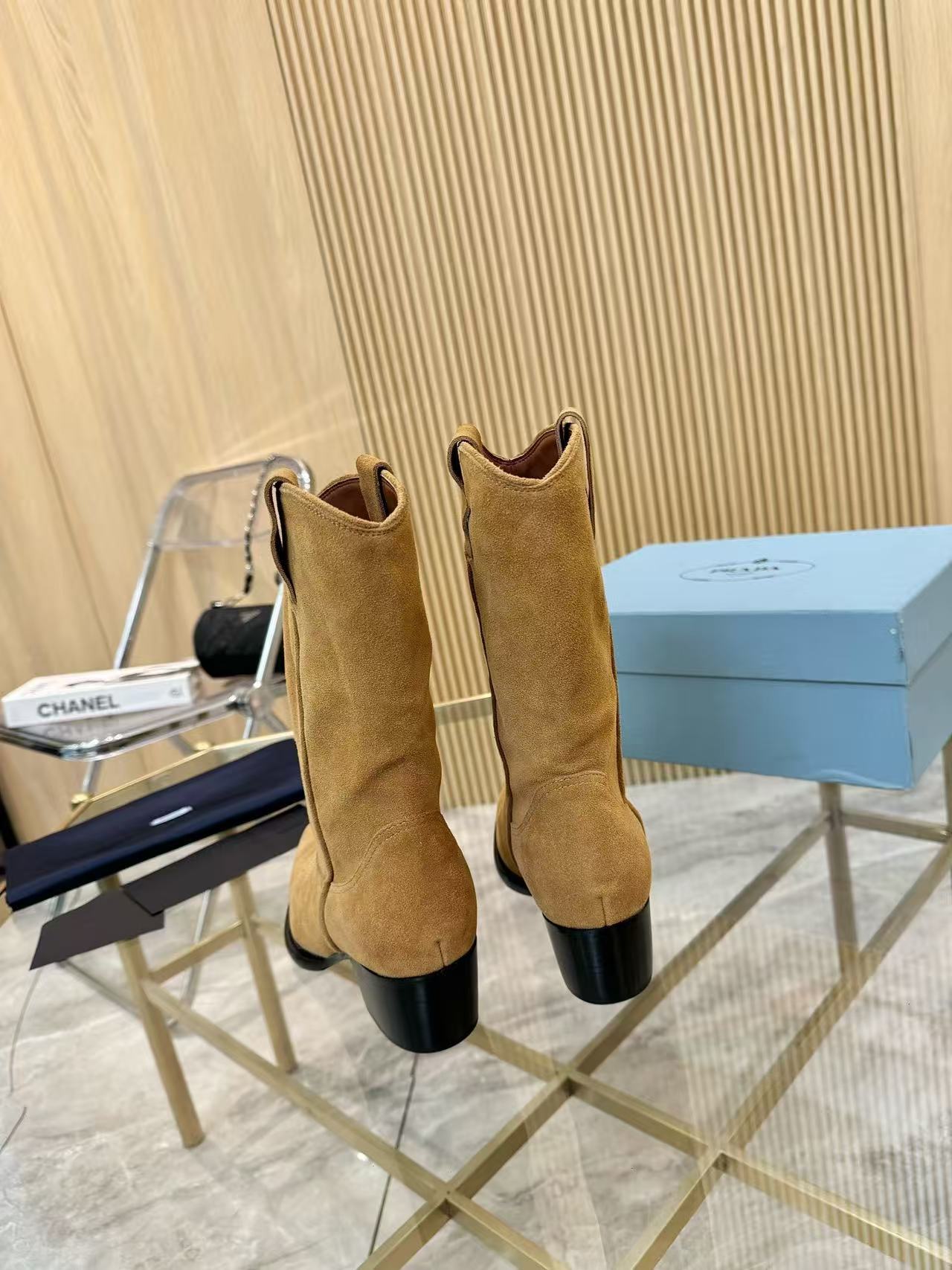 Khaki suede mid-calf boots