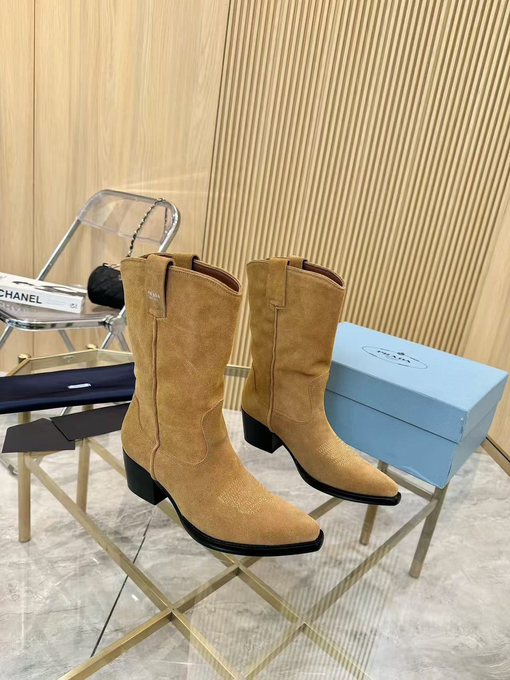 Khaki suede mid-calf boots